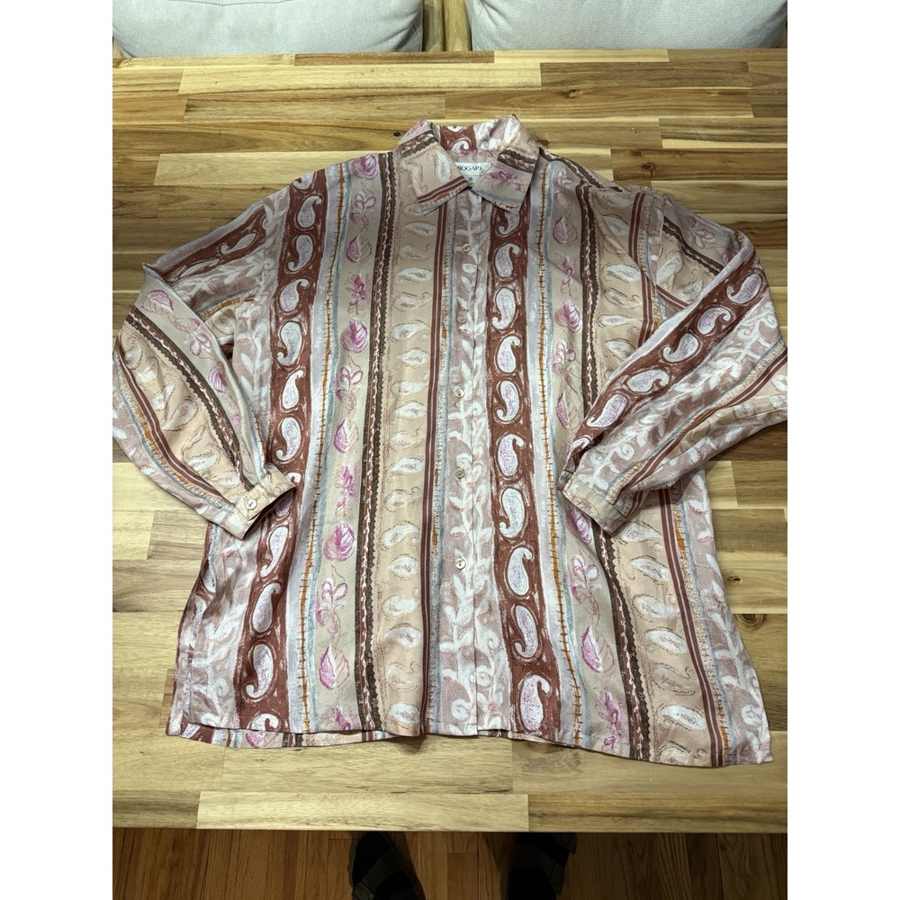 Vintage Bogari 100% Silk Shirt Womens size M Abstract Paisley Button Upโ